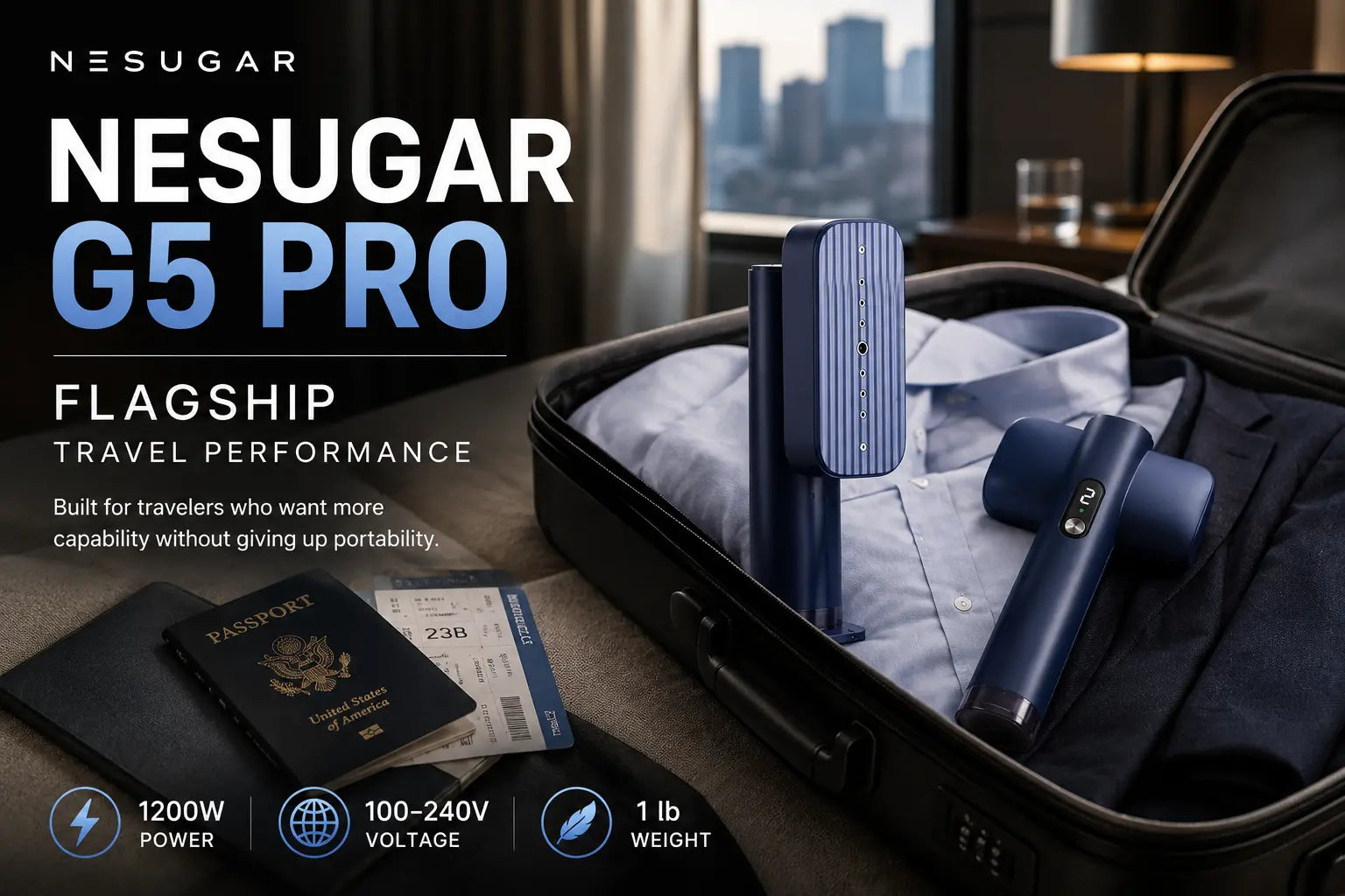 NESUGAR G5 Pro travel steamer in a premium business travel setting with 1200W power 100-240V voltage and 1 lb weight