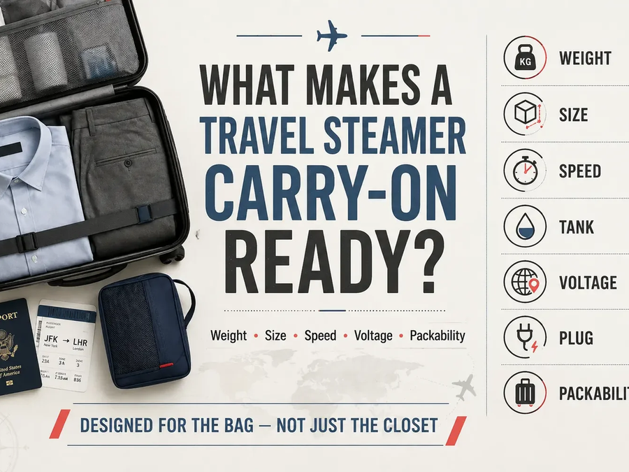 Compact travel steamer packed inside an open carry-on suitcase