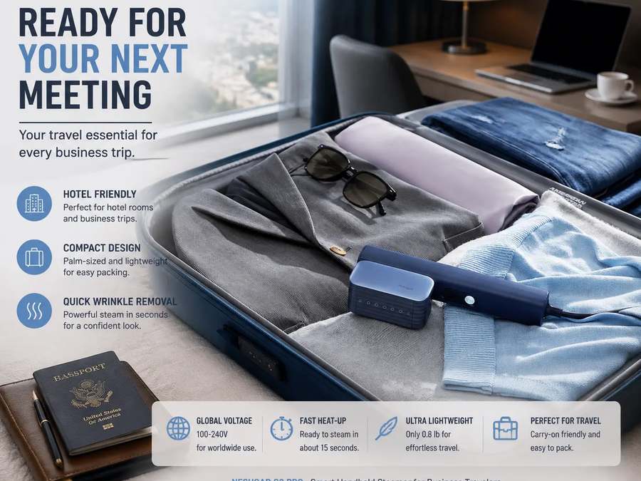 Travel steamer with business clothes and luggage in a hotel room