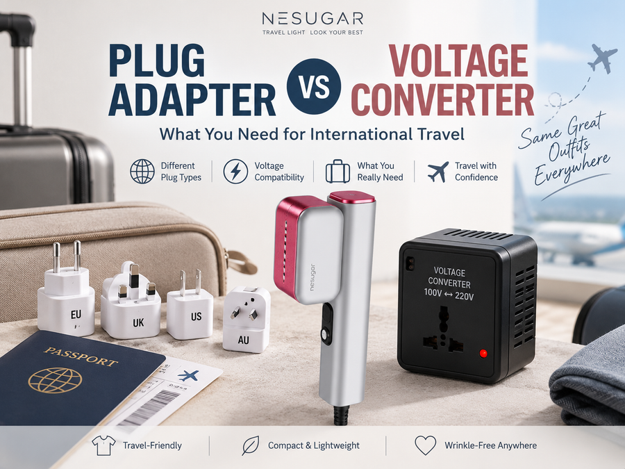 Travel steamer with international plug adapters for global travel