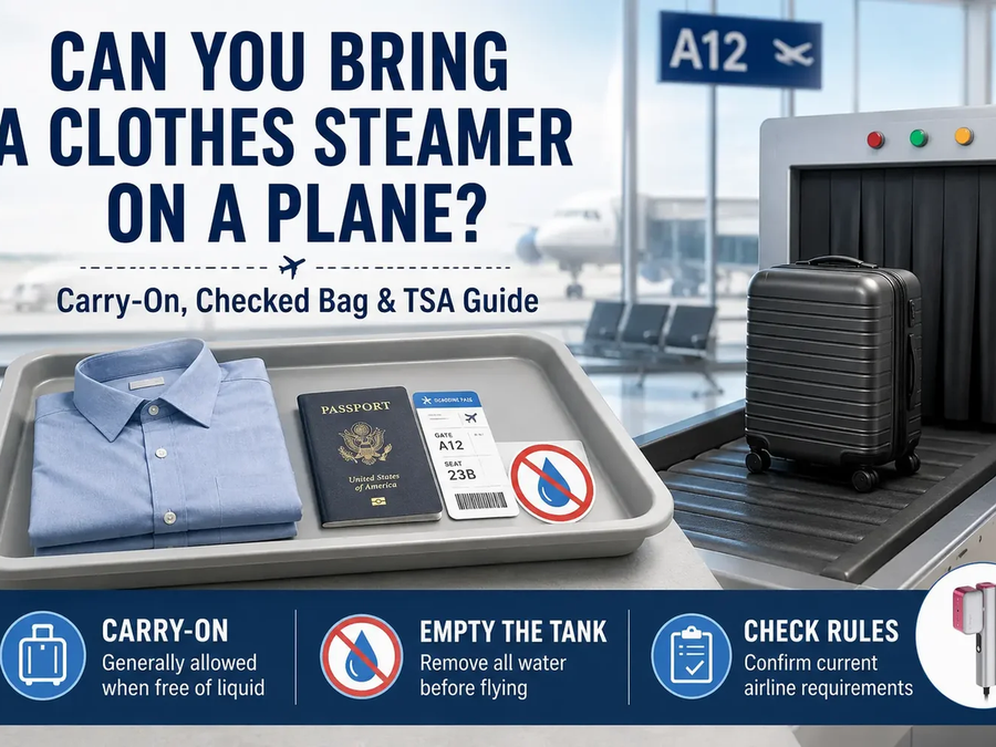 Travel steamer packed for airport security with carry-on luggage and passport