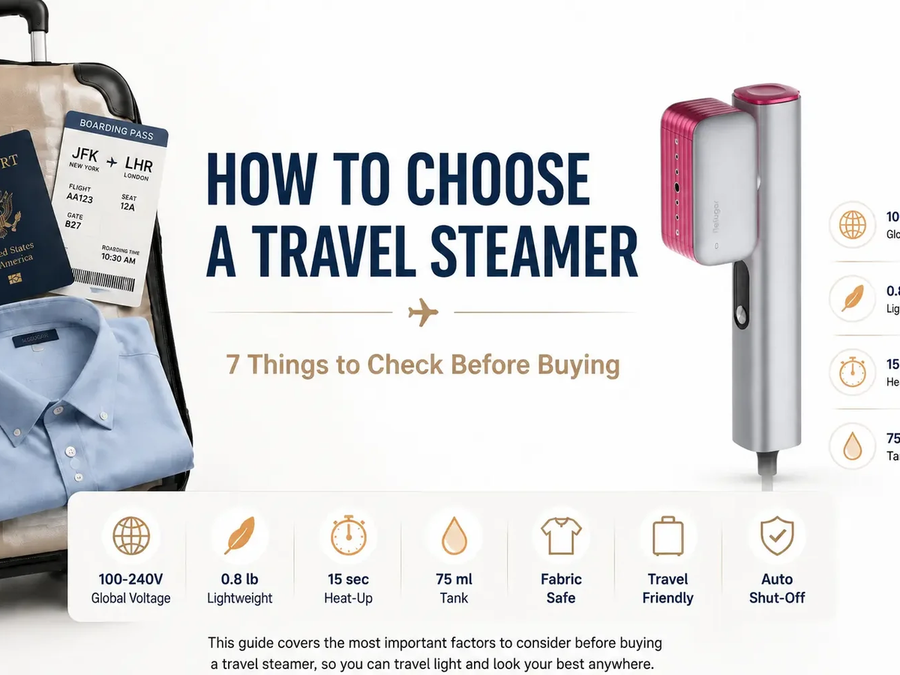 Travel steamer beside an open suitcase with folded clothes and travel essentials
