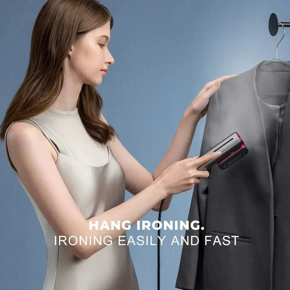 Woman using Nesugar G2 Pro portable travel steamer on blouse in hotel room